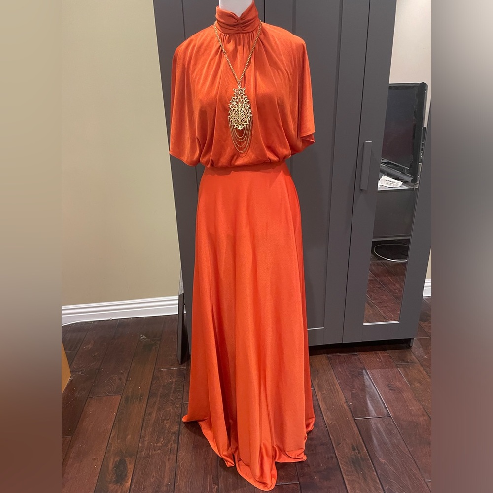 Vintage 1970’s Beautiful High Neck Orange Gown With Attached Overlay